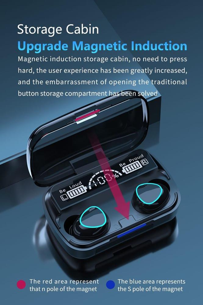 M10 Digital Display Case Earbuds, Black, Wireless Bluetooth Earbuds,Waterproof, with Charging Case